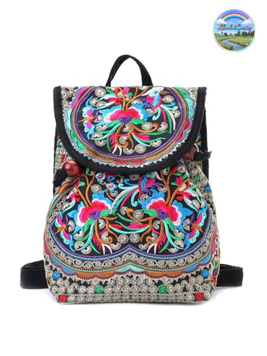 Floral Embroidered Canvas Backpack Purse Women Boho Mini Backpack Travel Casual